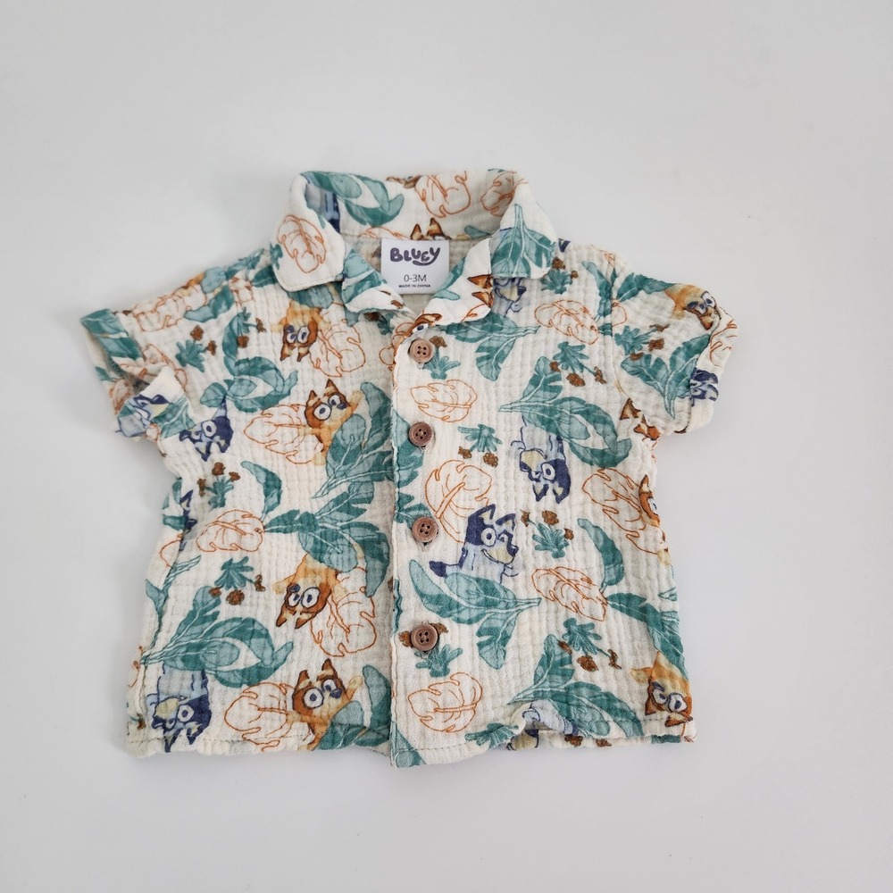 Bluey Muslin Top 100% Cotton Baby Button Down Shirt 0-3M Tropical Leaf‎